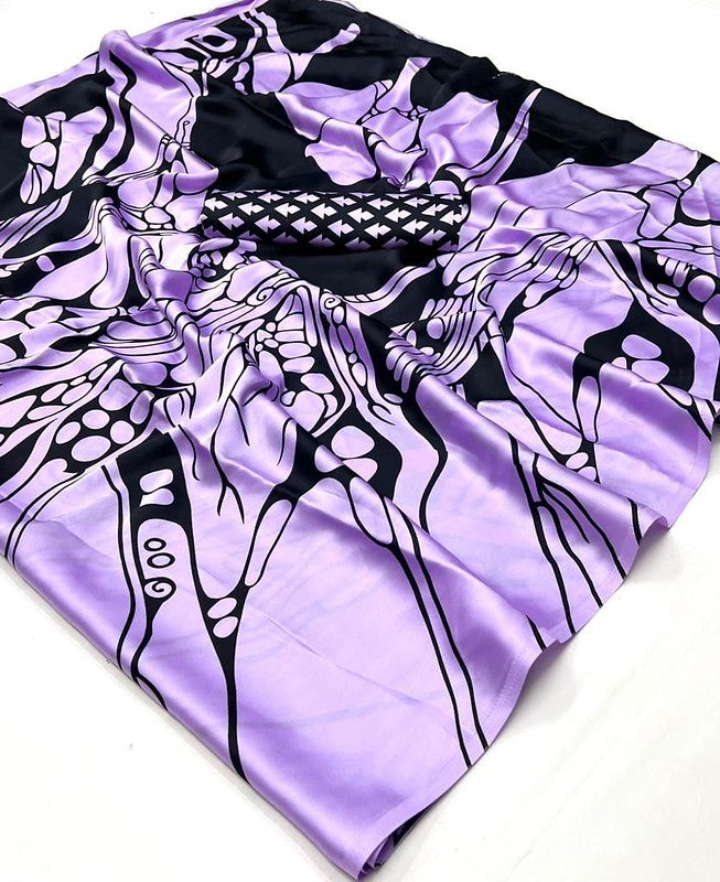 Purple & Black Abstract Printed Satin Crepe Silk Statement Saree