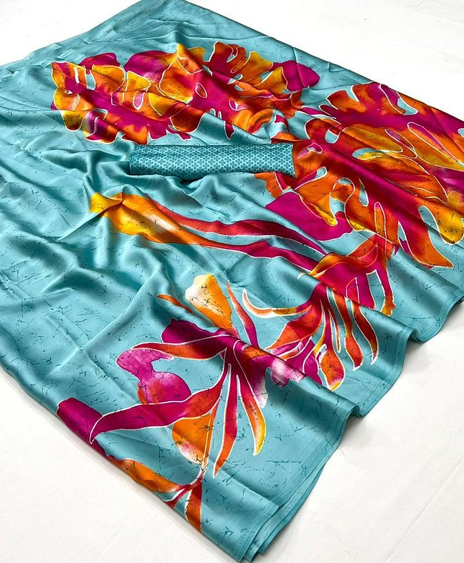 Light Grey & Summer Flowers Printed Satin Crepe Silk Saree