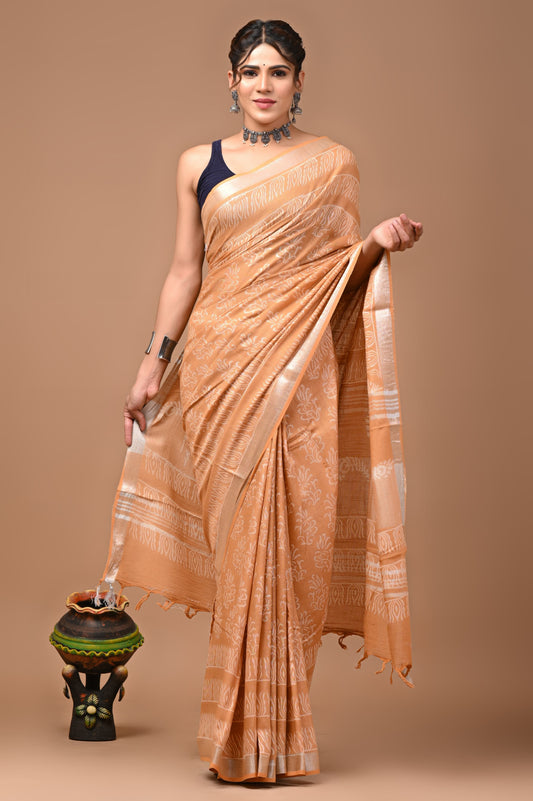 Latte Brown Linen Saree With Handblock Floral Prints