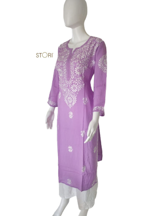 Zaarah Lavendar Handcrafted Soft Modal Cotton Chikankari Kurti