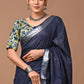 Navy Blue Linen Saree With Extra Ajrakh Printed Blouse