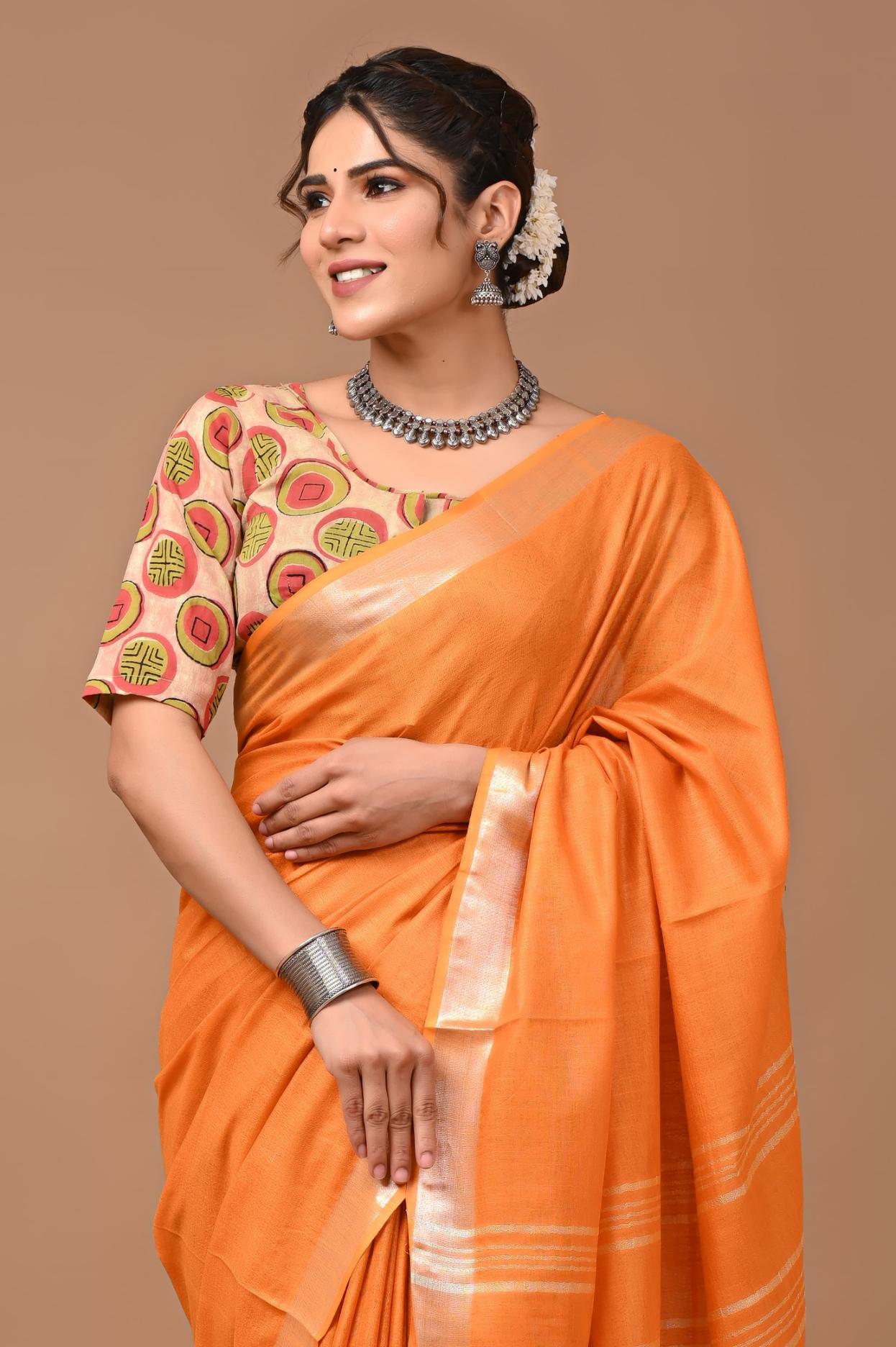 Kesari Orange Linen Saree With Extra Ajrakh Printed Blouse