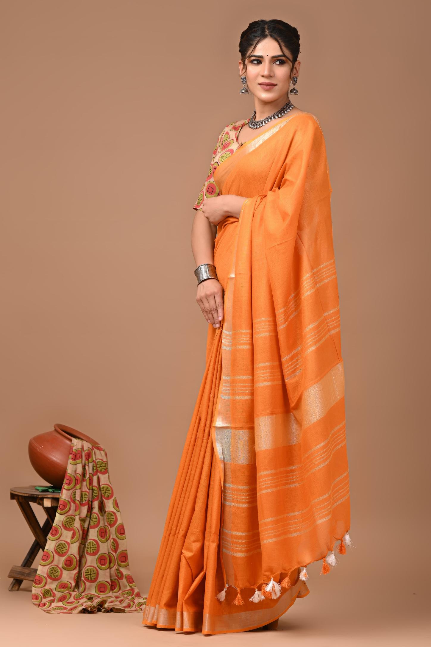 Kesari Orange Linen Saree With Extra Ajrakh Printed Blouse