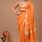 Kesari Orange Linen Saree With Extra Ajrakh Printed Blouse