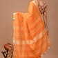 Kesari Orange Linen Saree With Extra Ajrakh Printed Blouse