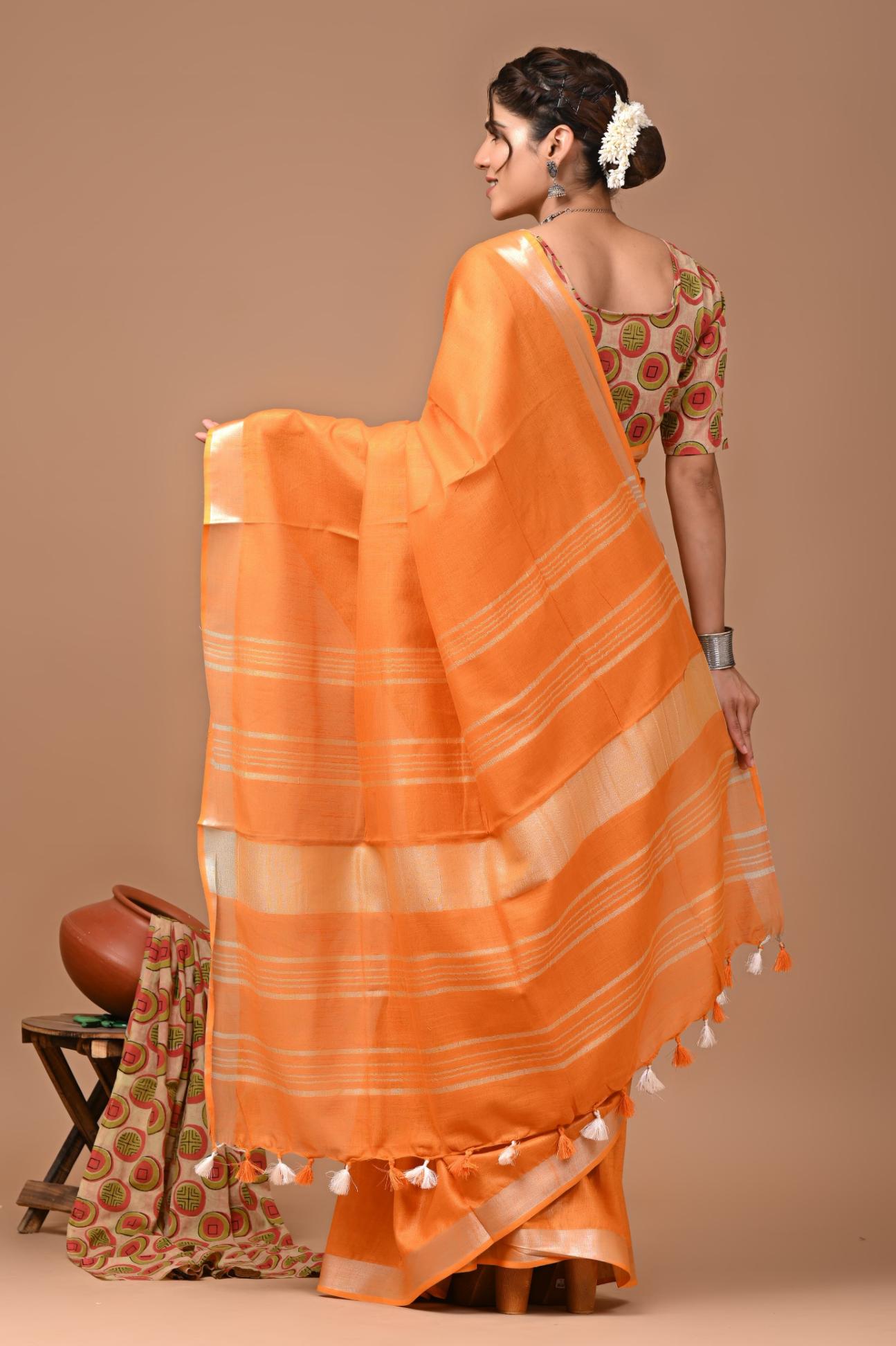 Kesari Orange Linen Saree With Extra Ajrakh Printed Blouse