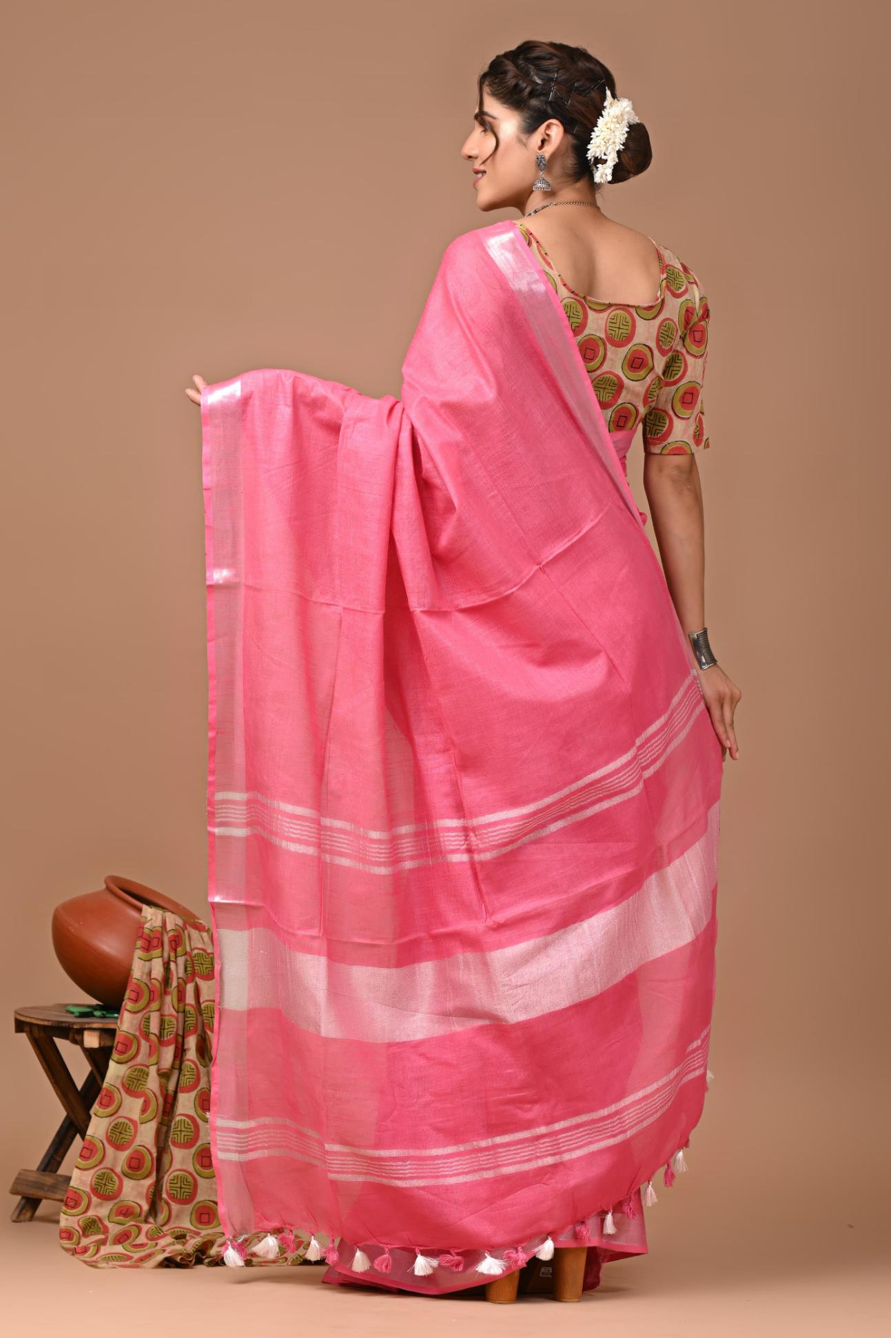 Rose Pink Linen Saree With Extra Ajrakh Printed Blouse