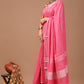 Rose Pink Linen Saree With Extra Ajrakh Printed Blouse