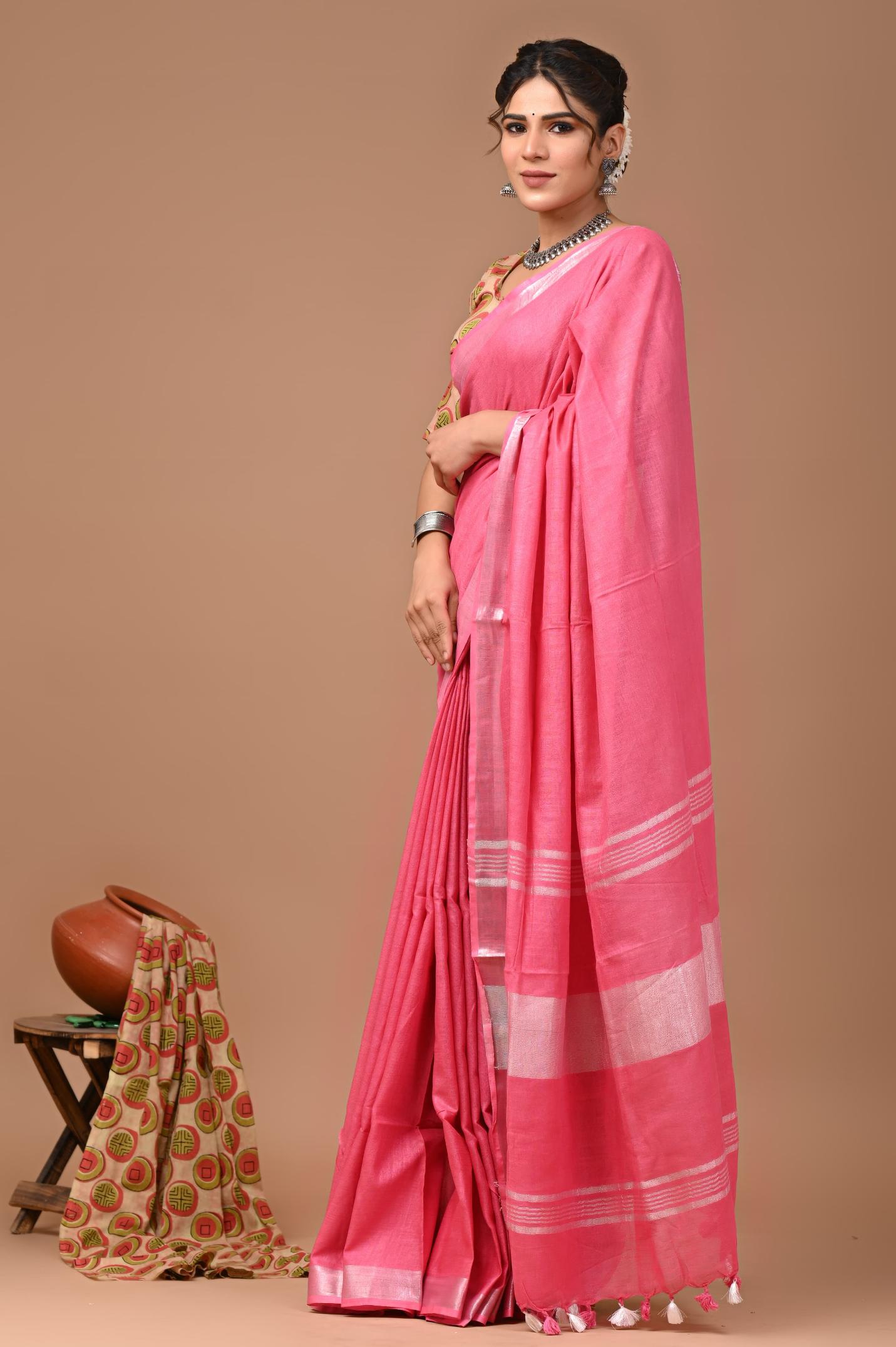 Rose Pink Linen Saree With Extra Ajrakh Printed Blouse