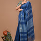 Ink Blue Linen Saree With Extra Ajrakh Printed Blouse