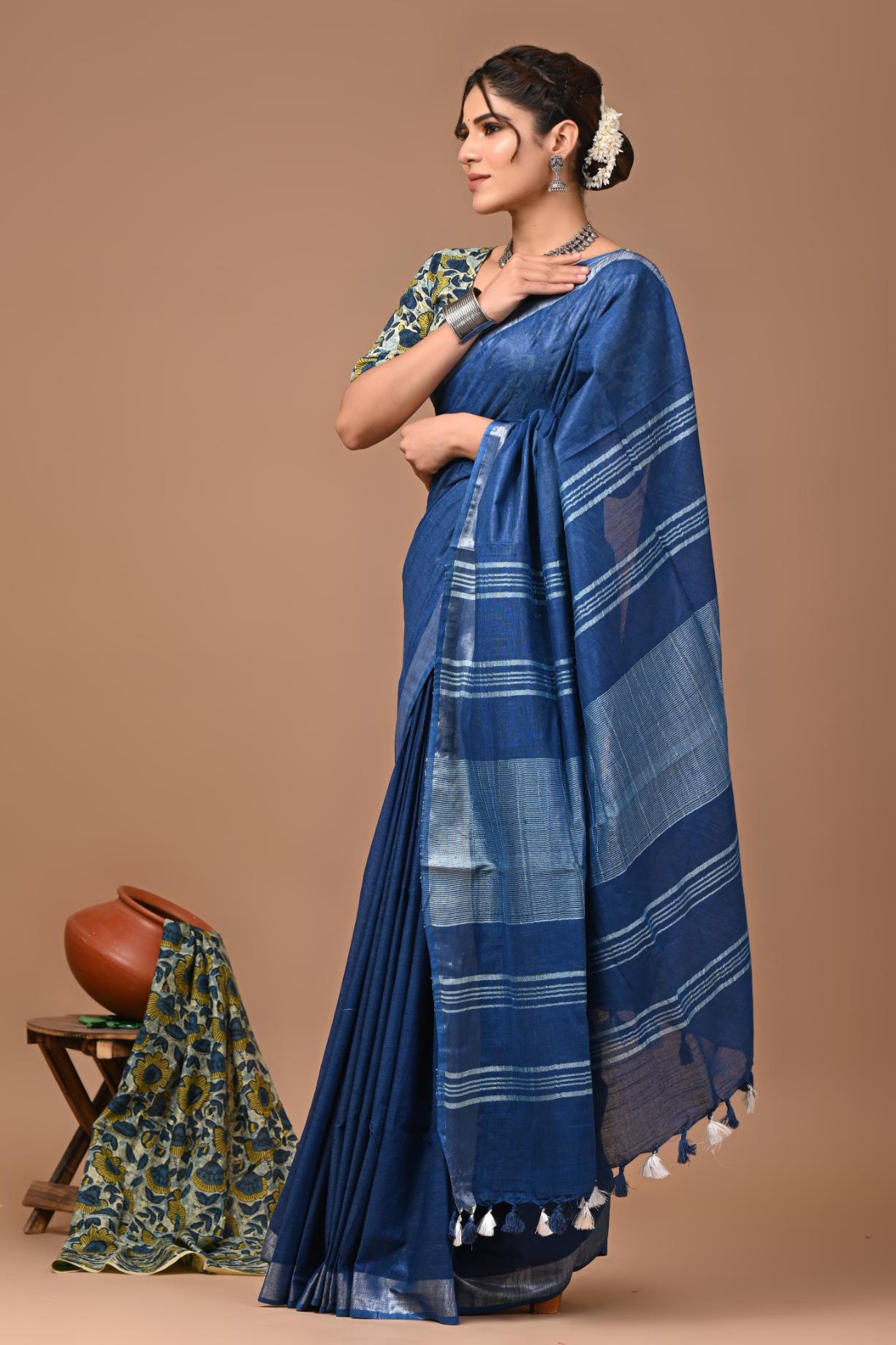 Ink Blue Linen Saree With Extra Ajrakh Printed Blouse