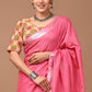 Rose Pink Linen Saree With Extra Ajrakh Printed Blouse