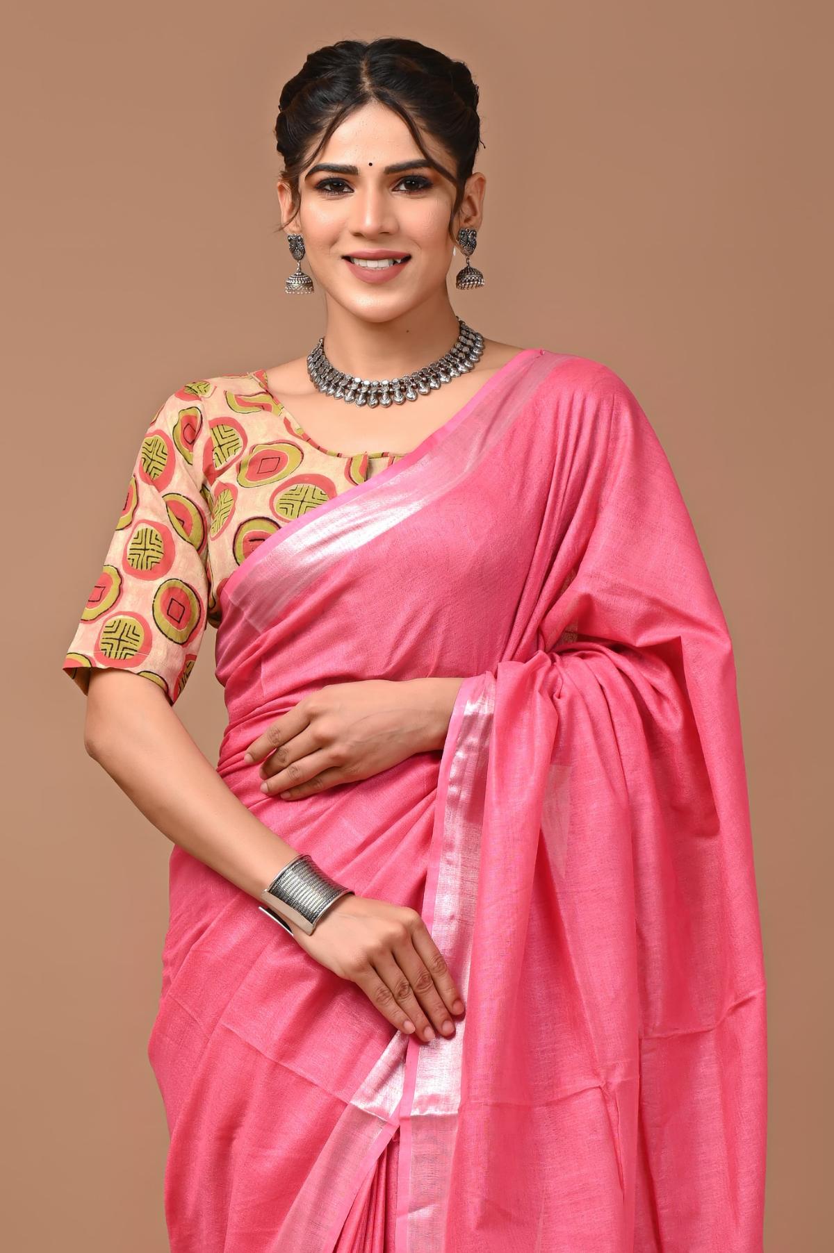 Rose Pink Linen Saree With Extra Ajrakh Printed Blouse