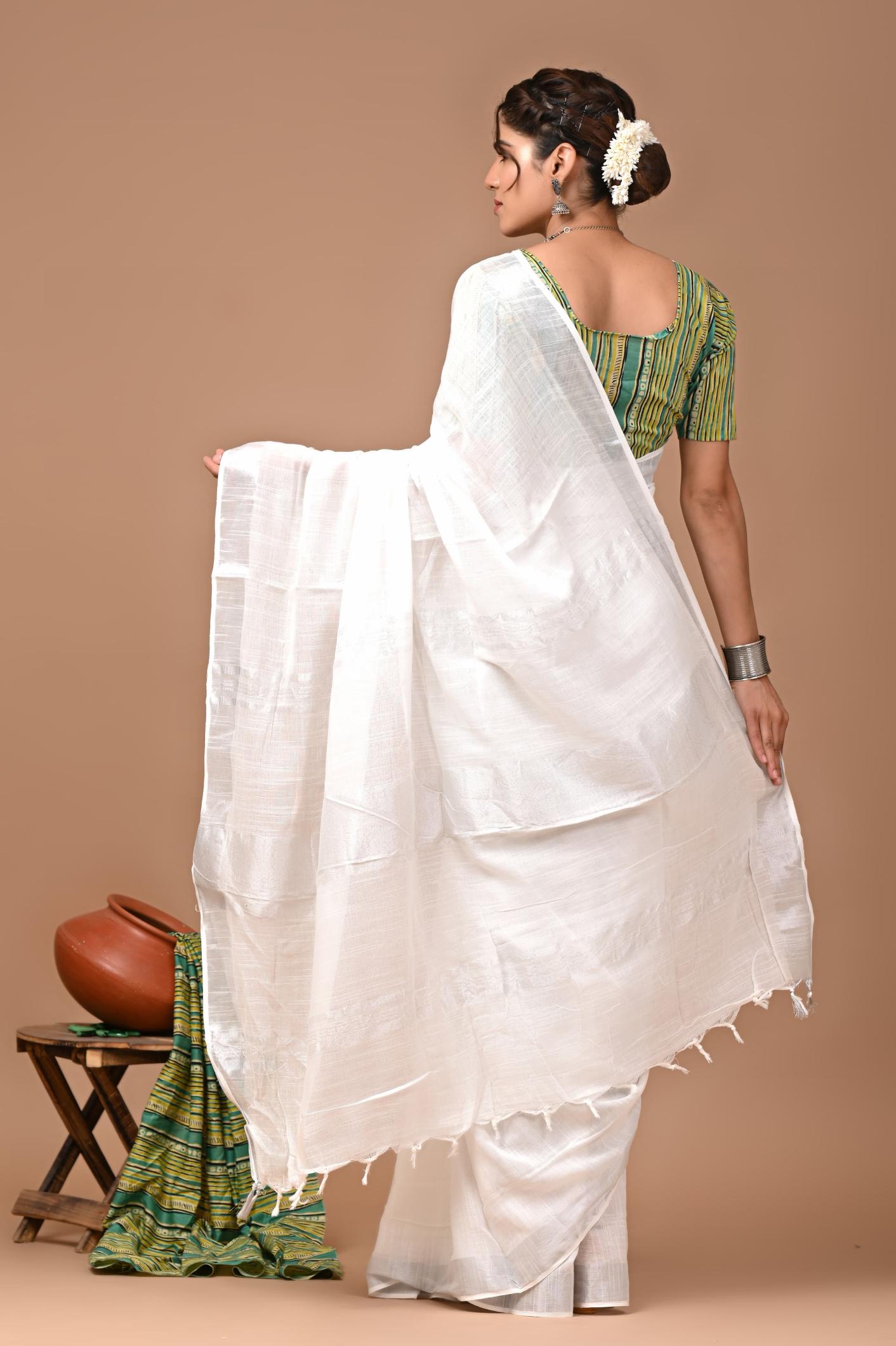 Pearl White Linen Saree With Extra Ajrakh Printed Blouse