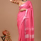 Rose Pink Linen Saree With Extra Ajrakh Printed Blouse