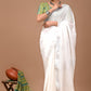 Pearl White Linen Saree With Extra Ajrakh Printed Blouse