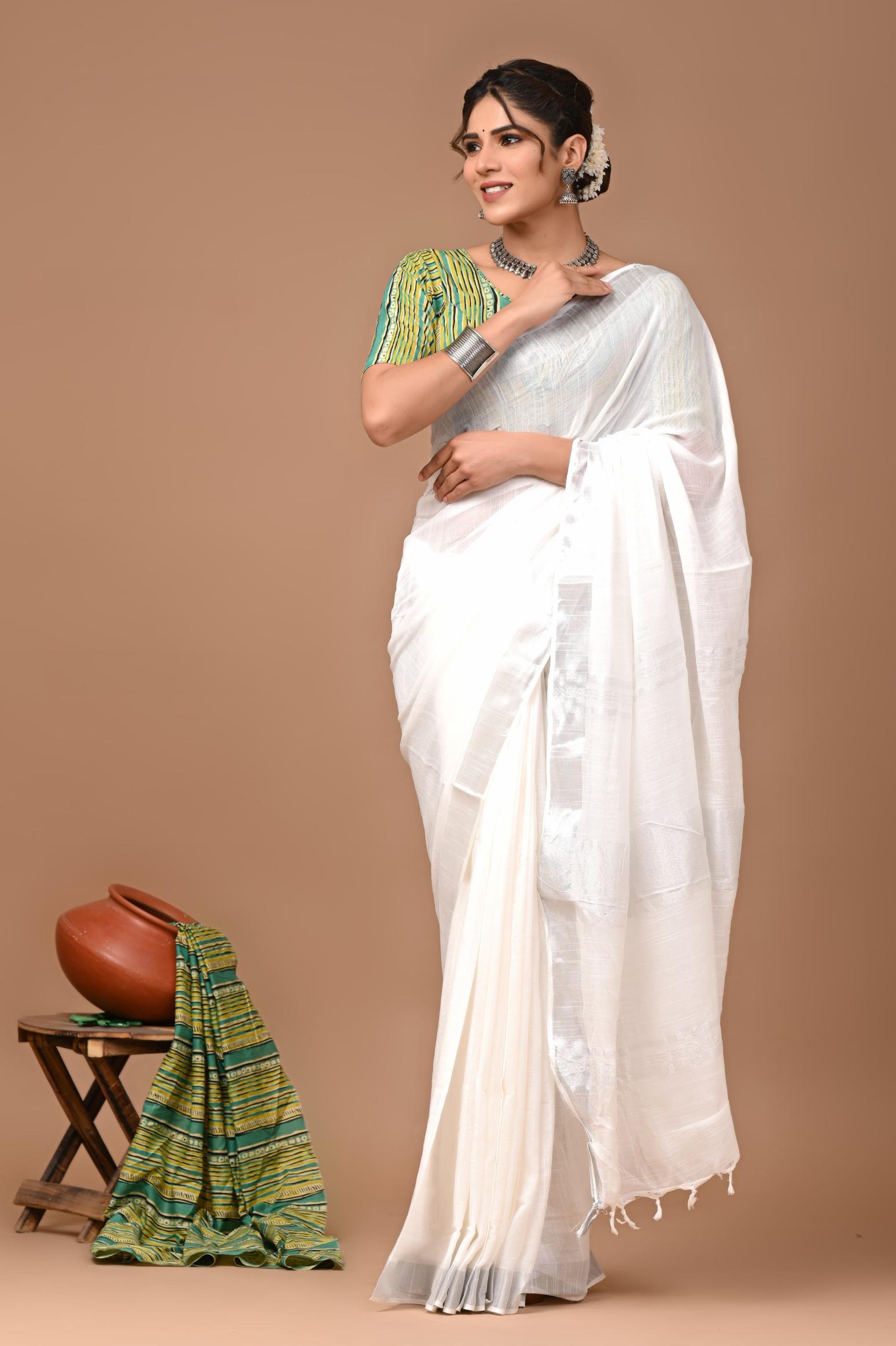 Pearl White Linen Saree With Extra Ajrakh Printed Blouse