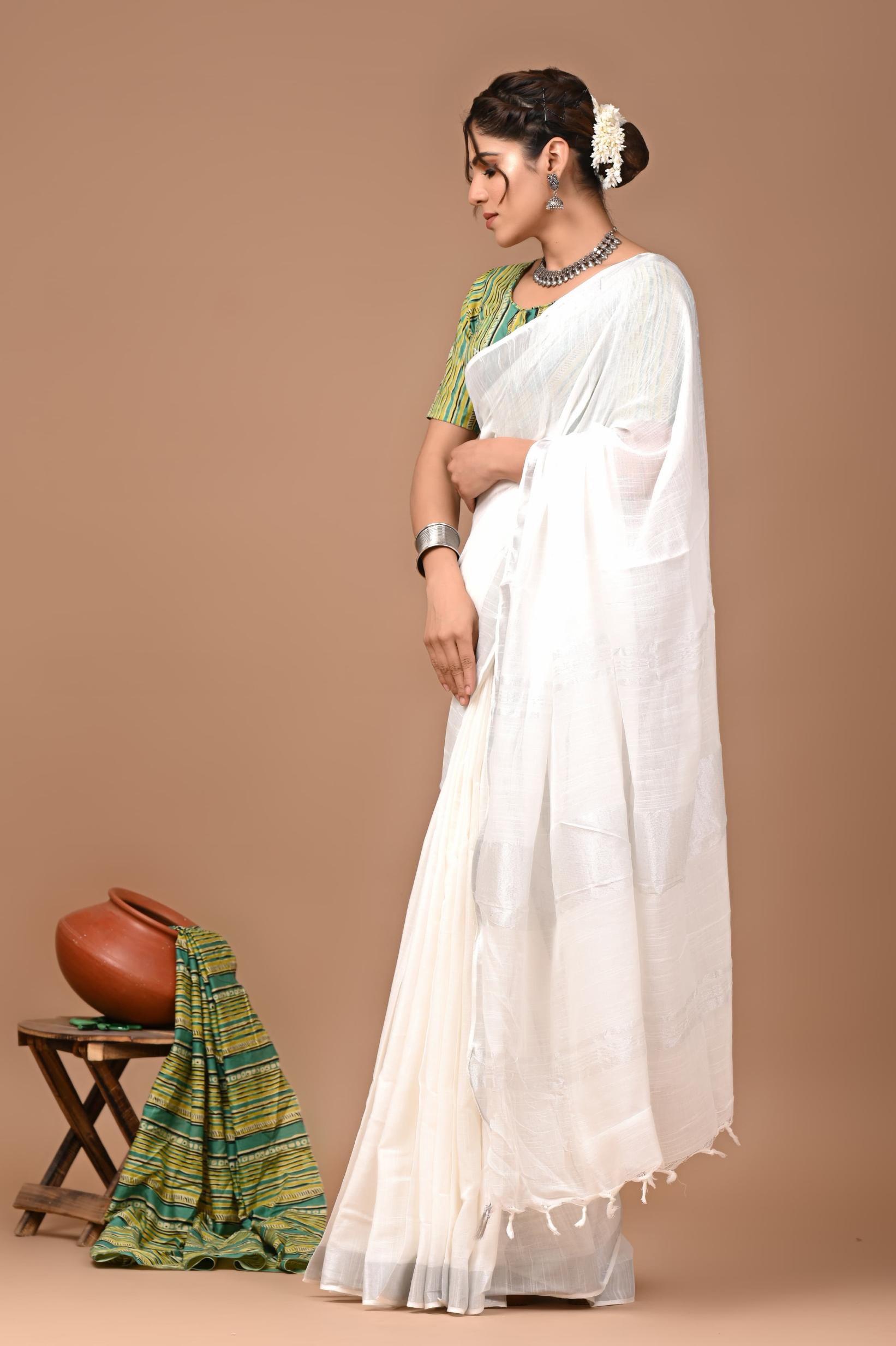 Pearl White Linen Saree With Extra Ajrakh Printed Blouse