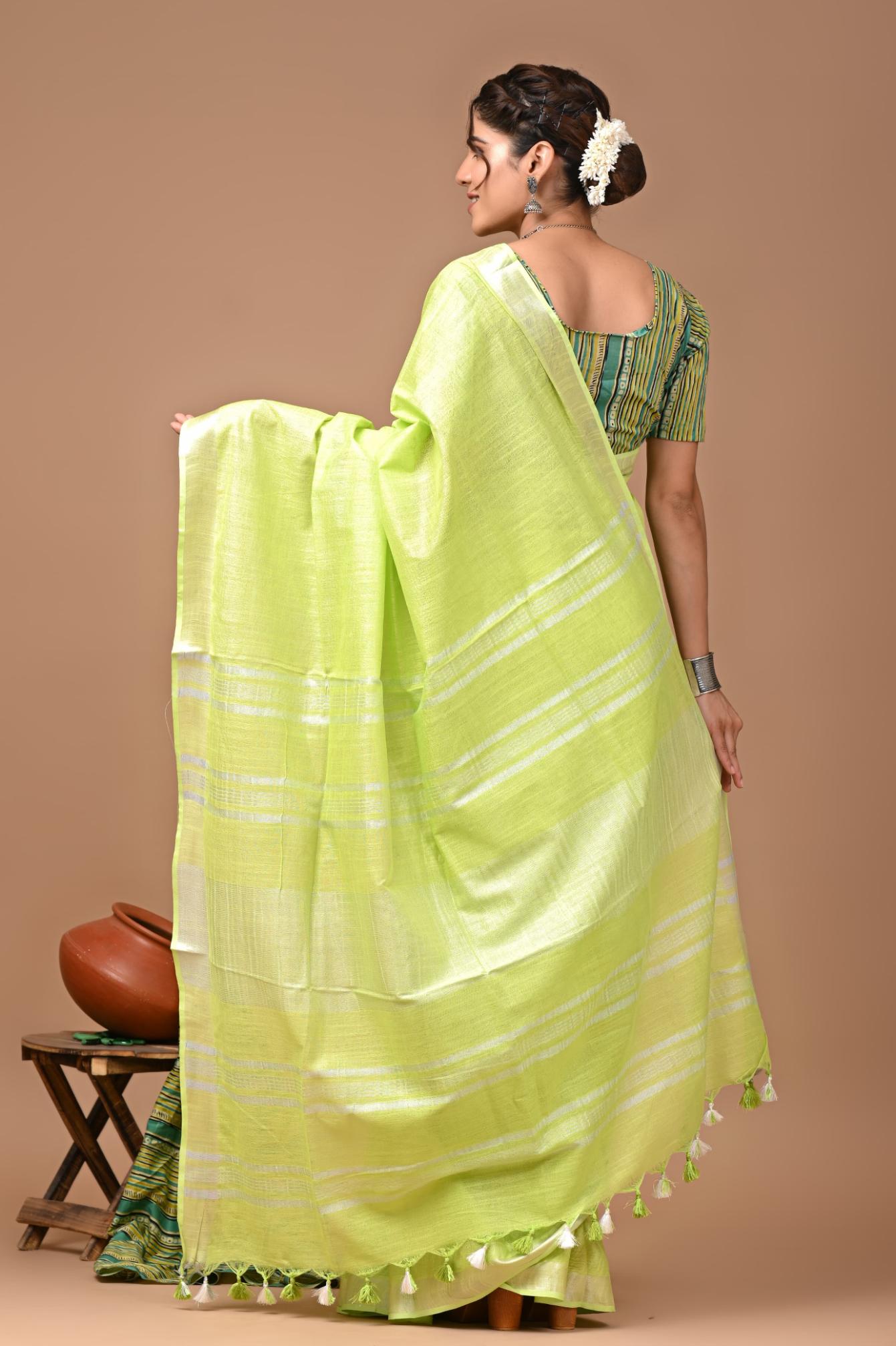 Lime Green Linen Saree With Extra Ajrakh Printed Blouse