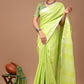 Lime Green Linen Saree With Extra Ajrakh Printed Blouse