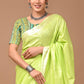 Lime Green Linen Saree With Extra Ajrakh Printed Blouse