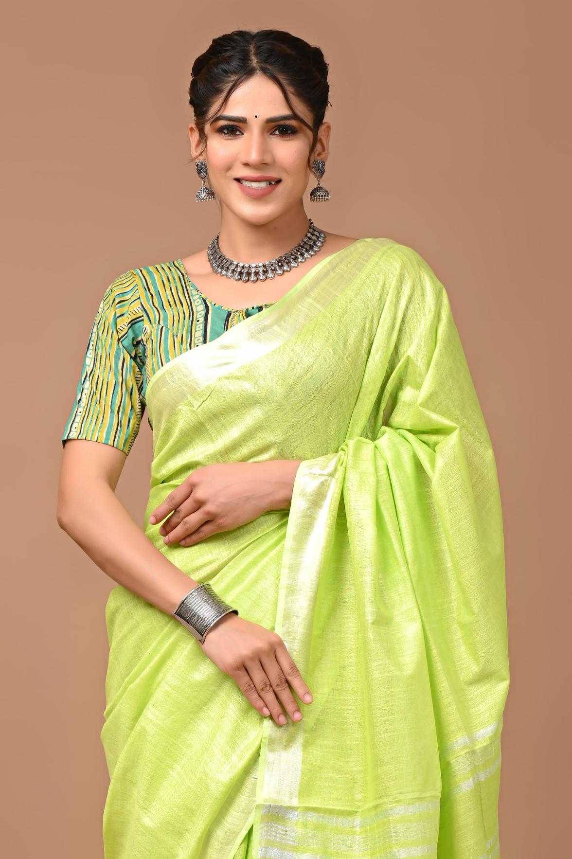 Lime Green Linen Saree With Extra Ajrakh Printed Blouse