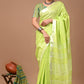 Lime Green Linen Saree With Extra Ajrakh Printed Blouse