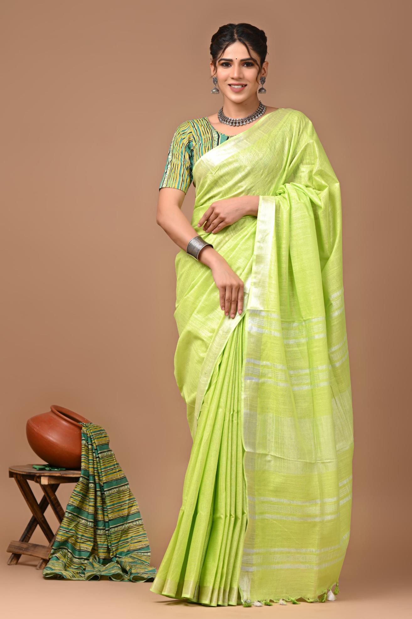 Lime Green Linen Saree With Extra Ajrakh Printed Blouse