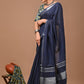 Navy Blue Linen Saree With Extra Ajrakh Printed Blouse