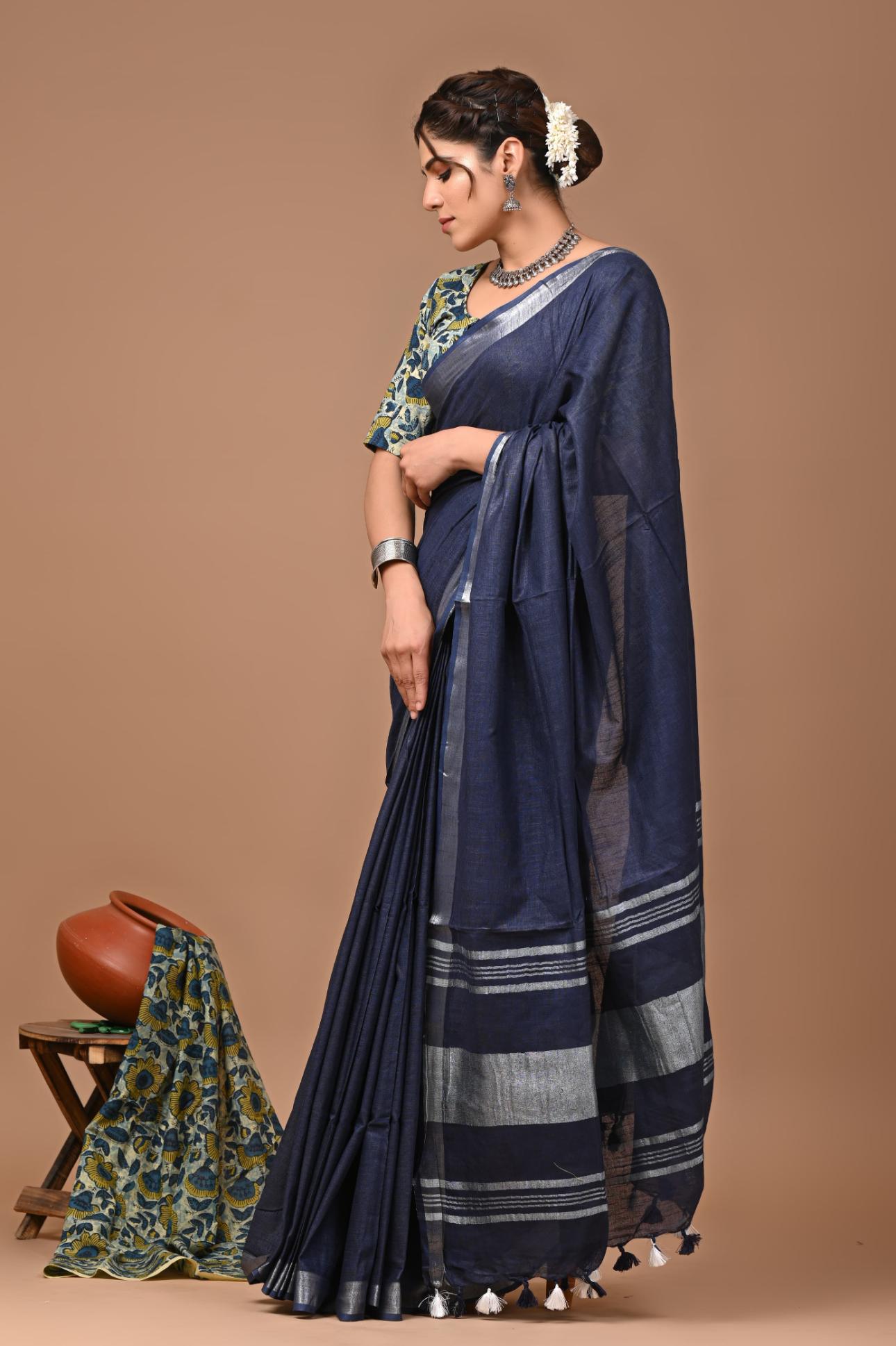 Navy Blue Linen Saree With Extra Ajrakh Printed Blouse