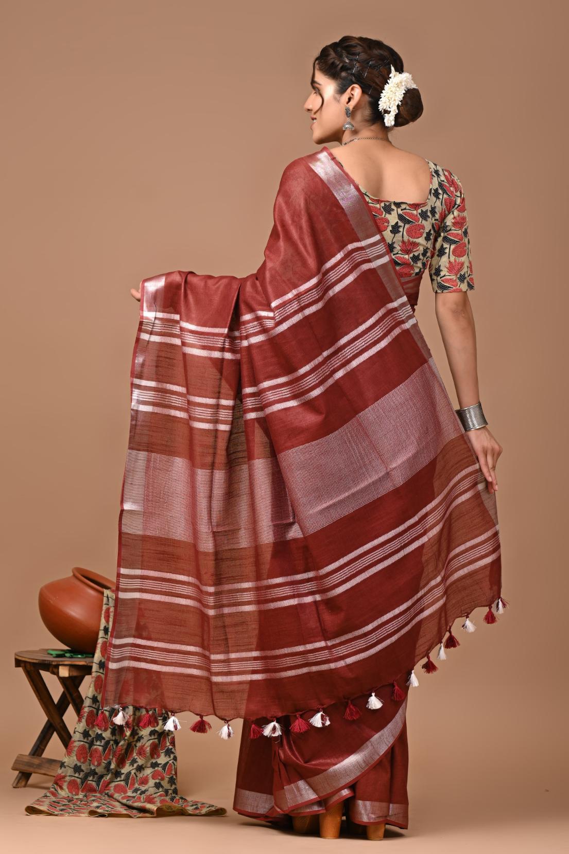 Maroon Linen Saree With Extra Ajrakh Printed Blouse