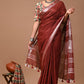 Maroon Linen Saree With Extra Ajrakh Printed Blouse