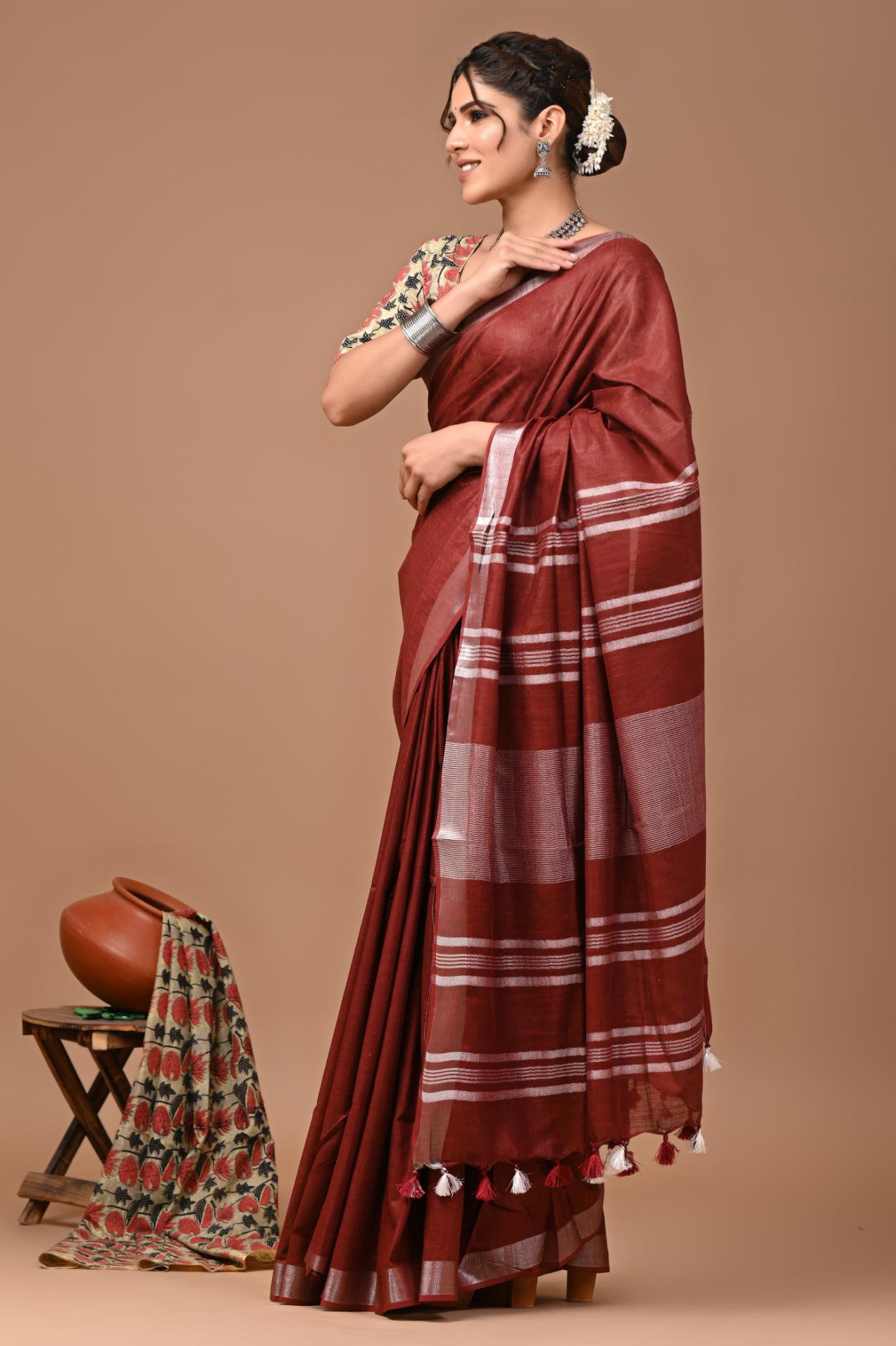 Maroon Linen Saree With Extra Ajrakh Printed Blouse