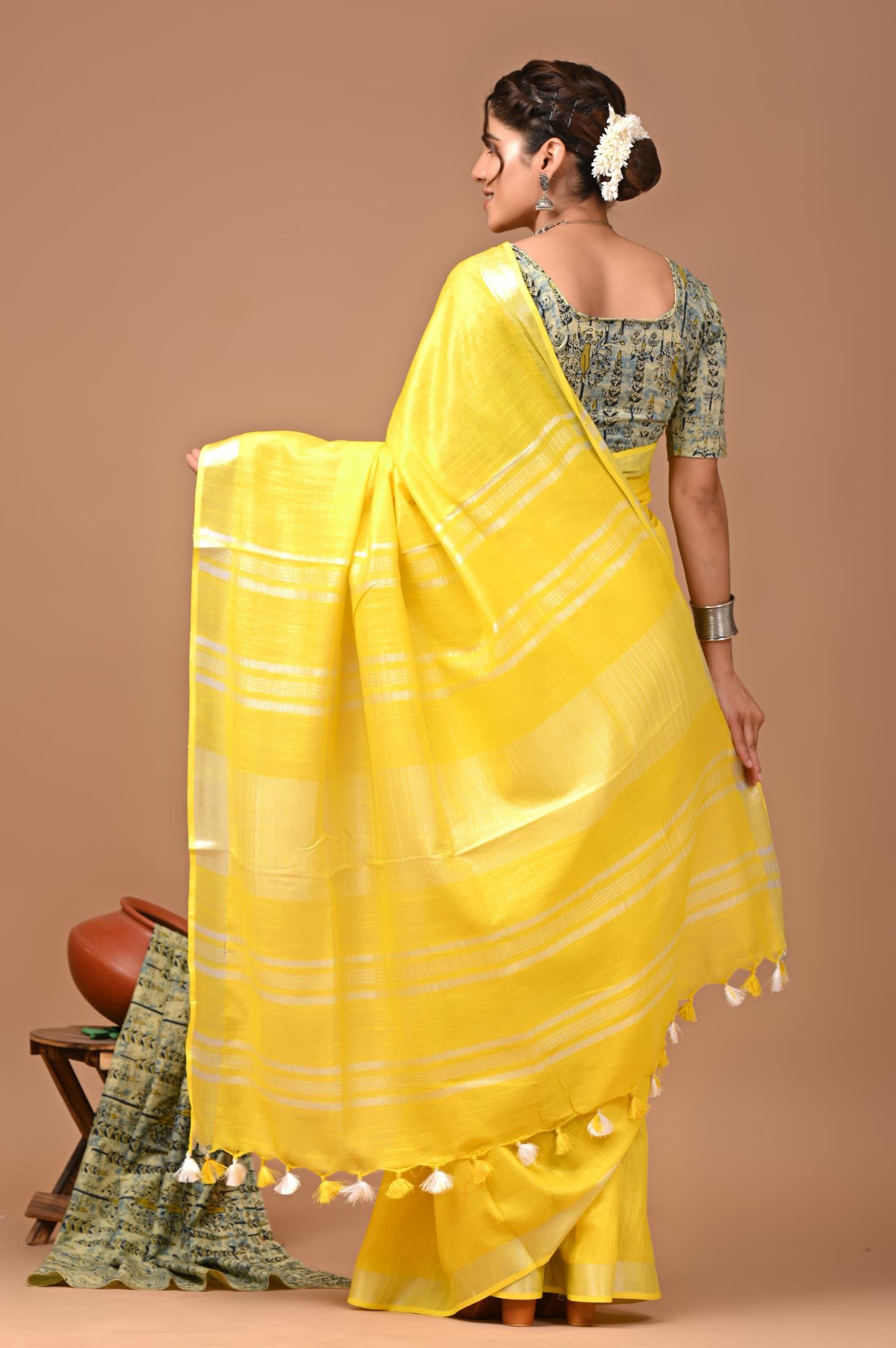 Cadmium Yellow Linen Saree With Extra Ajrakh Printed Blouse