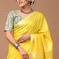 Cadmium Yellow Linen Saree With Extra Ajrakh Printed Blouse