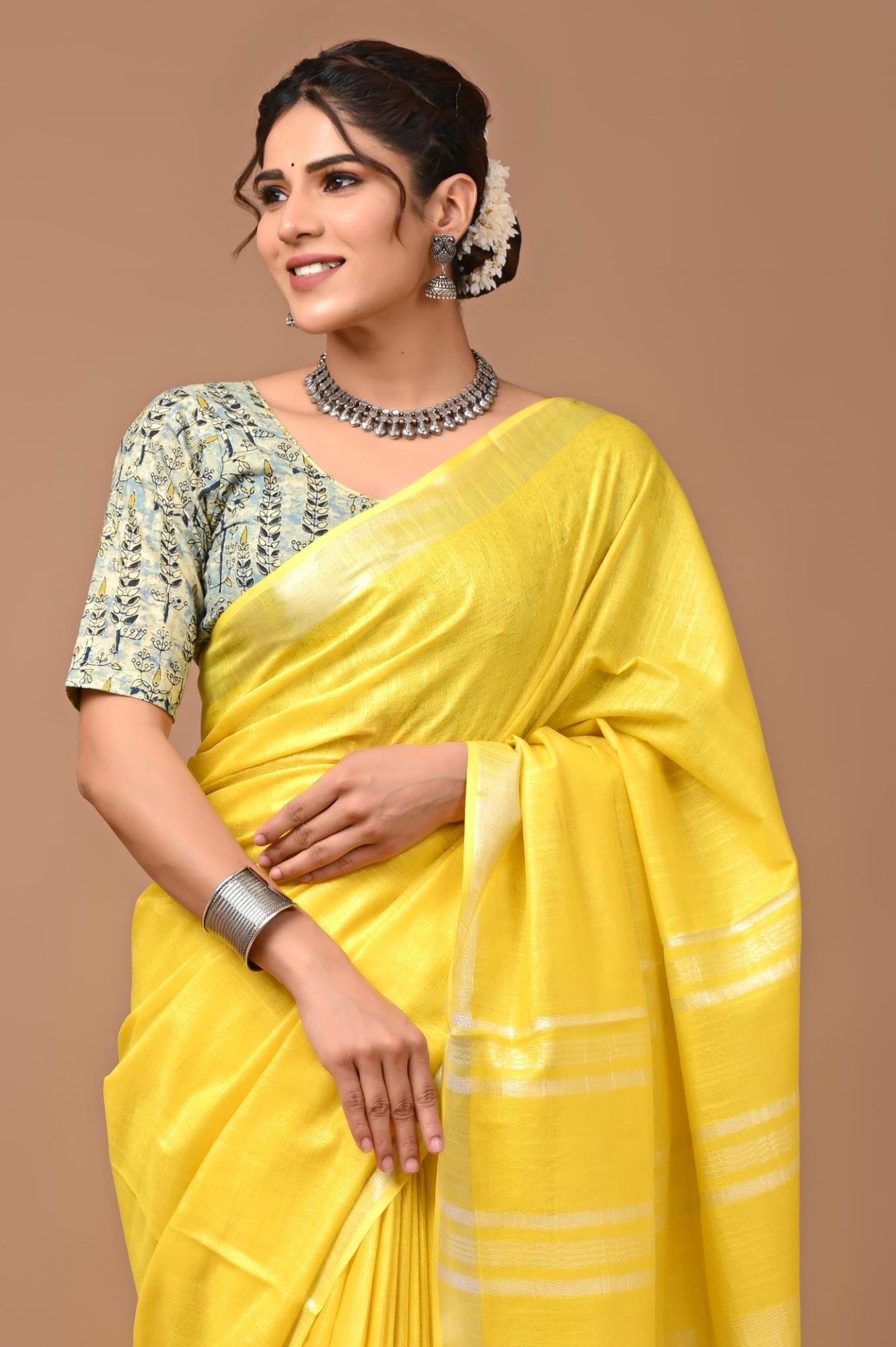 Cadmium Yellow Linen Saree With Extra Ajrakh Printed Blouse