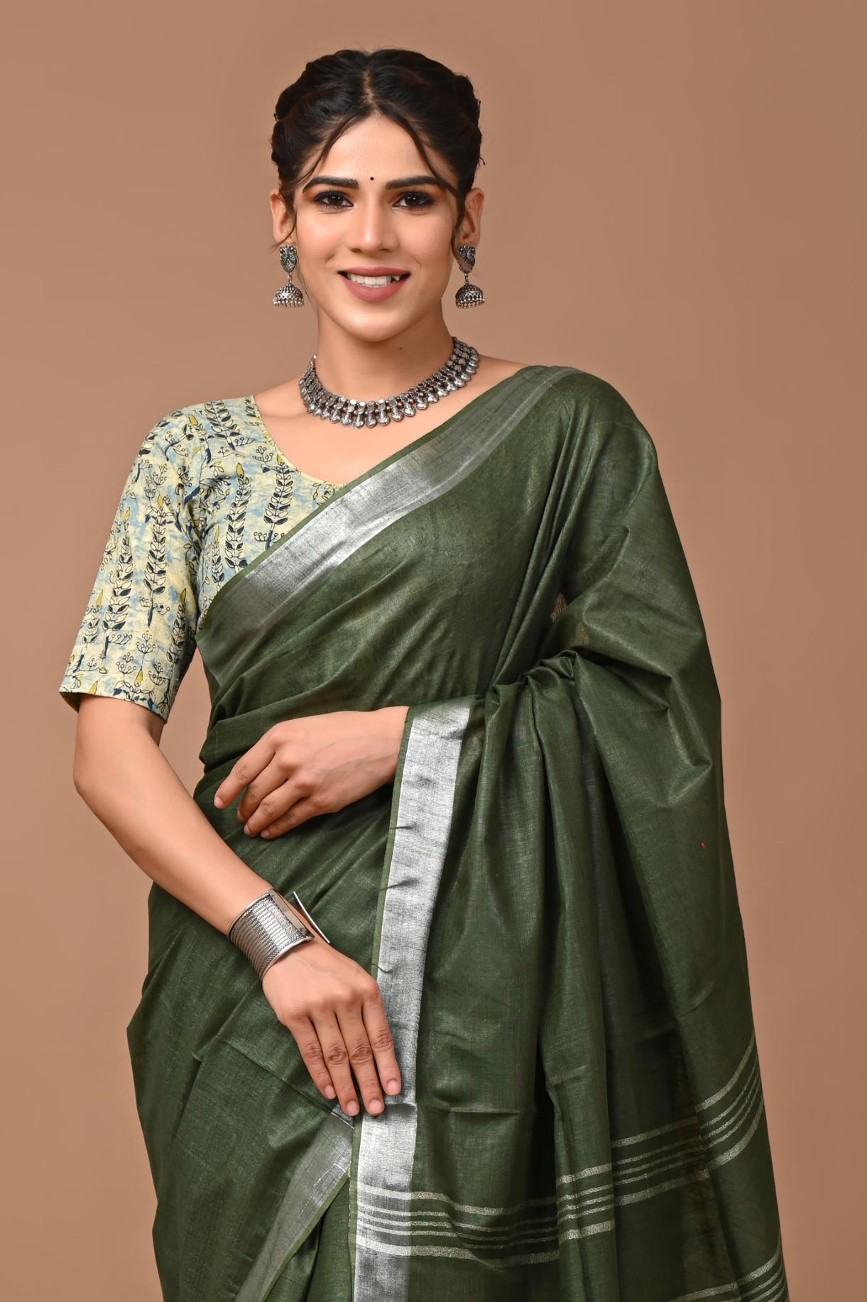 Moss Green Linen Saree With Extra Ajrakh Printed Blouse