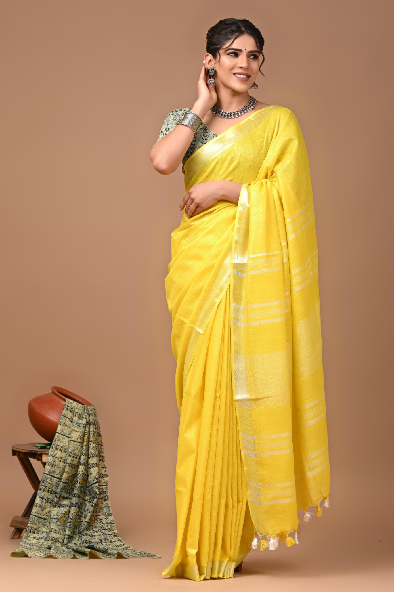 Cadmium Yellow Linen Saree With Extra Ajrakh Printed Blouse