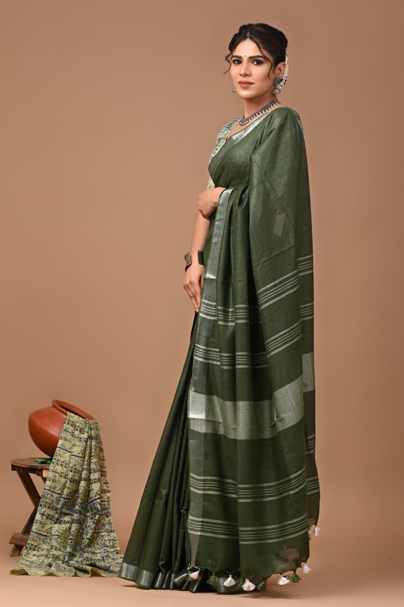 Moss Green Linen Saree With Extra Ajrakh Printed Blouse