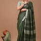 Moss Green Linen Saree With Extra Ajrakh Printed Blouse