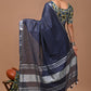 Navy Blue Linen Saree With Extra Ajrakh Printed Blouse