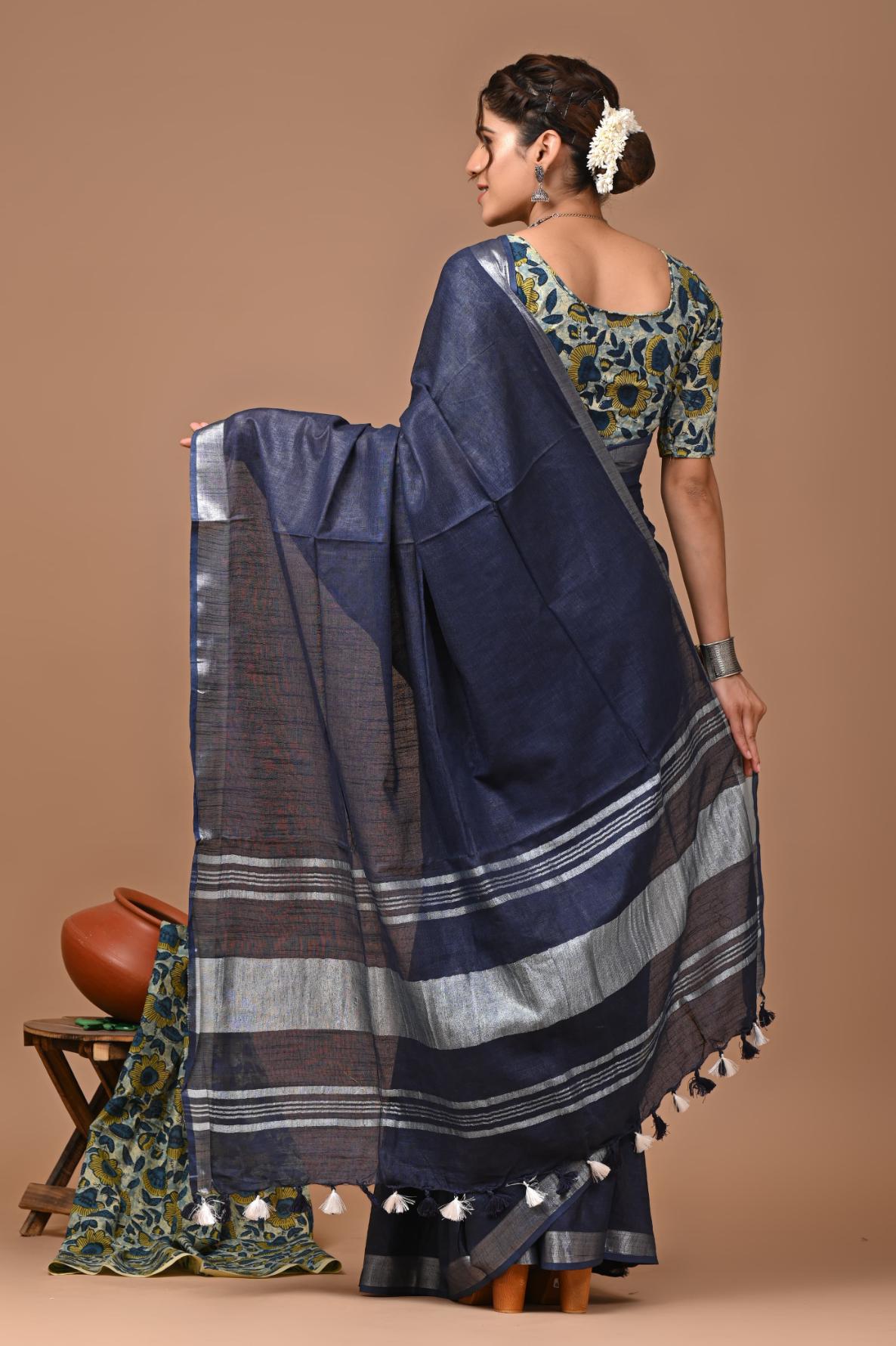 Navy Blue Linen Saree With Extra Ajrakh Printed Blouse