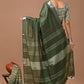 Moss Green Linen Saree With Extra Ajrakh Printed Blouse