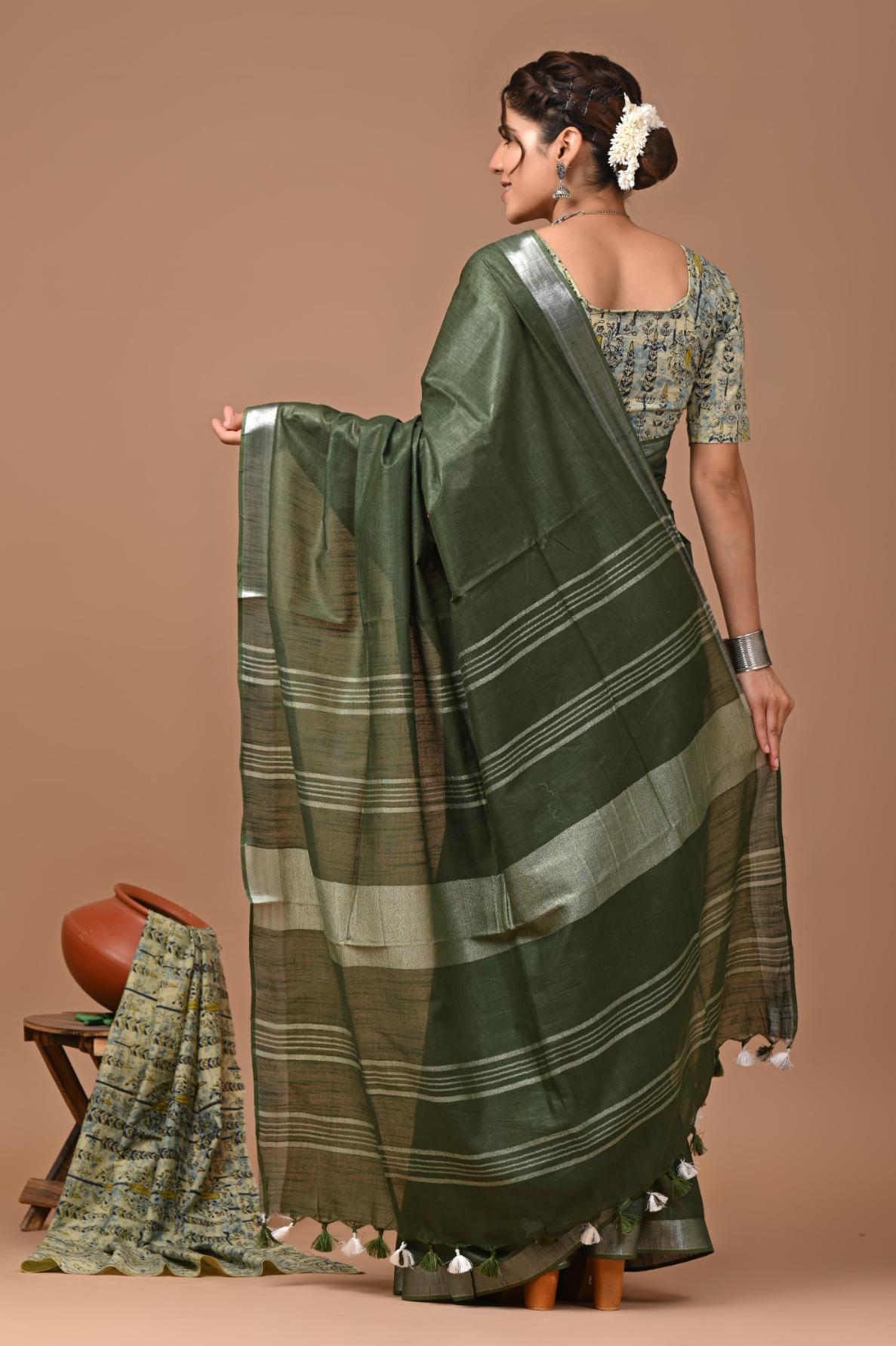 Moss Green Linen Saree With Extra Ajrakh Printed Blouse