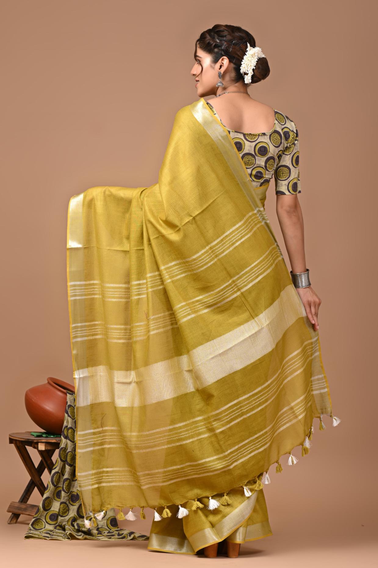 Olive Green Linen Saree With Extra Ajrakh Printed Blouse