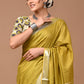 Olive Green Linen Saree With Extra Ajrakh Printed Blouse