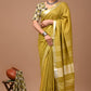 Olive Green Linen Saree With Extra Ajrakh Printed Blouse