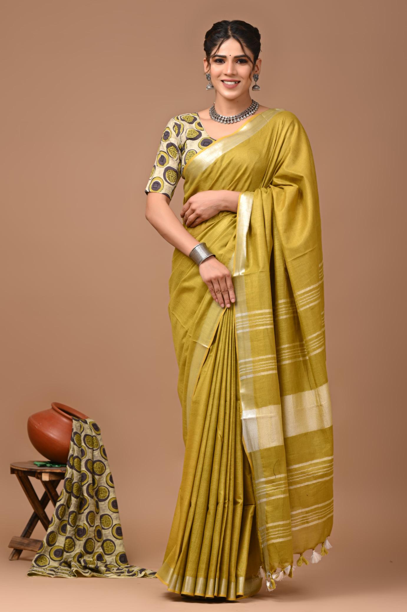 Olive Green Linen Saree With Extra Ajrakh Printed Blouse