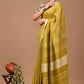 Olive Green Linen Saree With Extra Ajrakh Printed Blouse