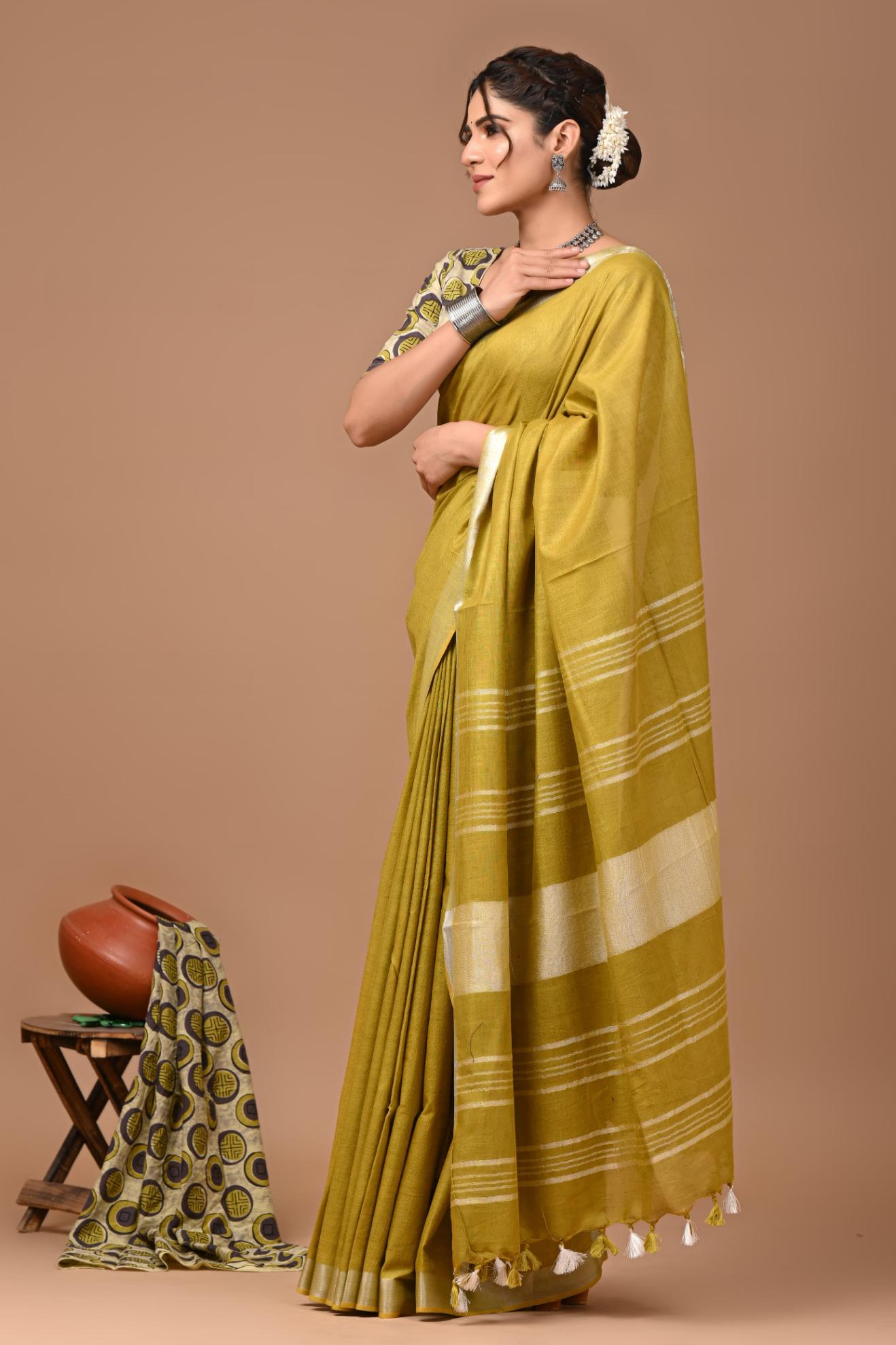 Olive Green Linen Saree With Extra Ajrakh Printed Blouse